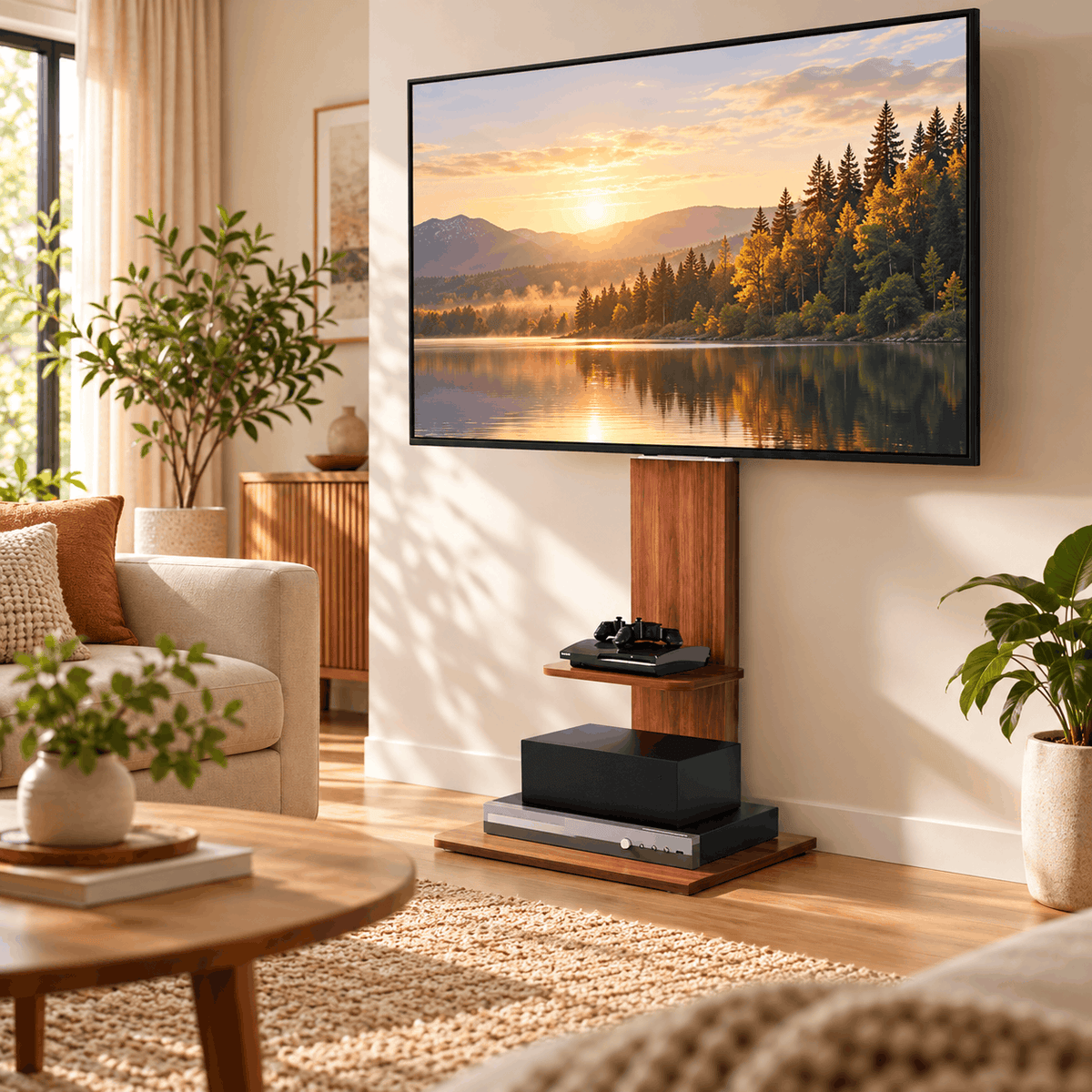 TV floor stand beside a bookcase and sofa holding a TV, a game console on the small shelf and AV equipment on the base