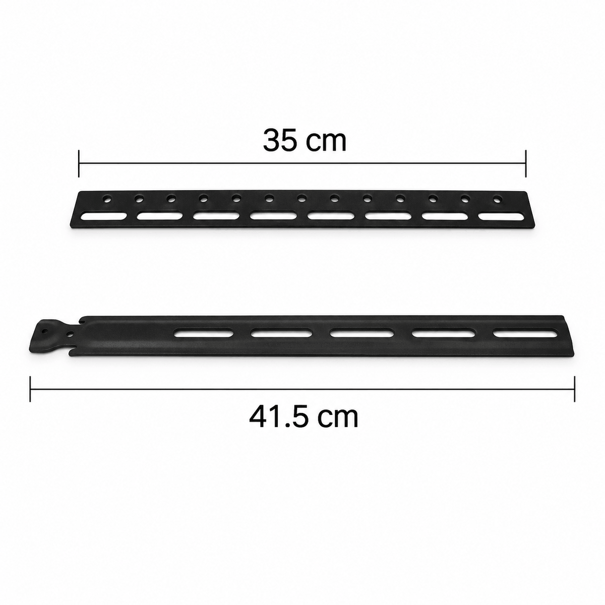 Two black slotted steel bars of different lengths side by side with their lengths marked