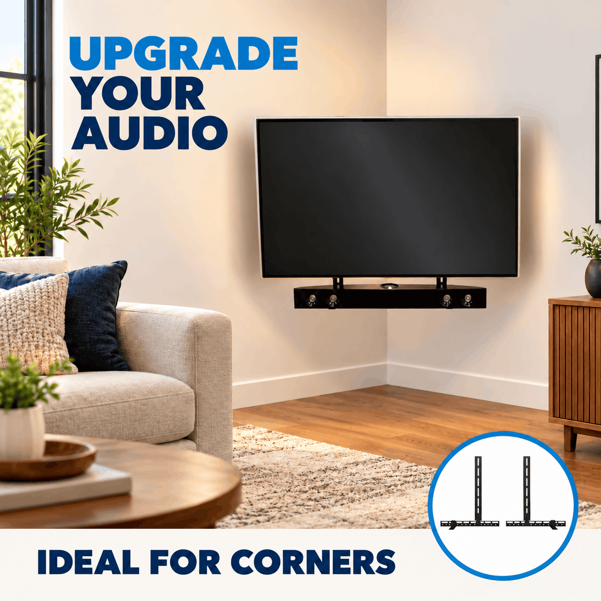 TV mounted in a room corner with a soundbar held below it by black brackets, with the bracket pair shown in a circle