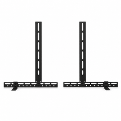 Pair of black steel soundbar brackets with slotted vertical arms and L shaped feet on a white background