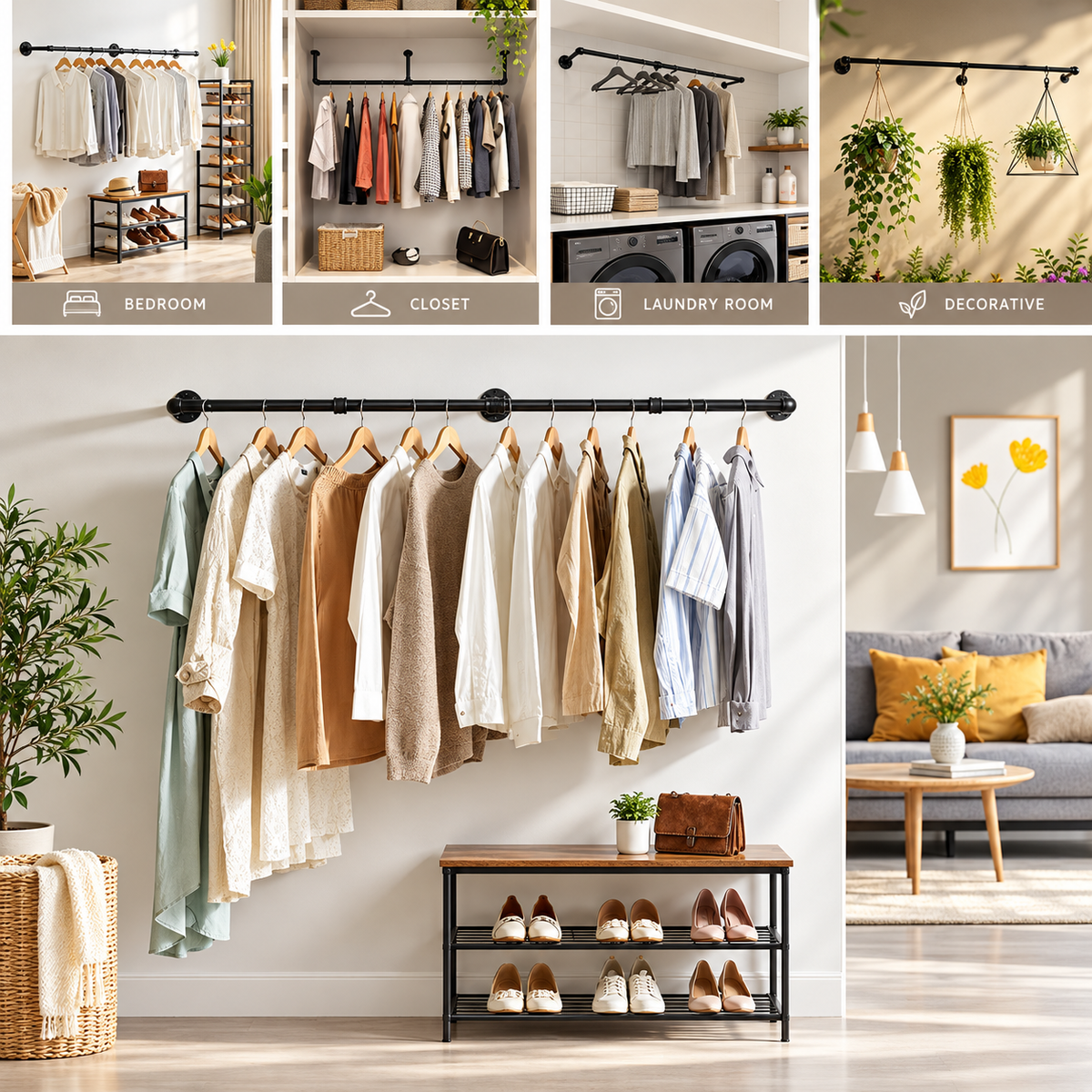 Collage of the black pipe clothes rack used in a bedroom, closet, laundry room and as a decorative plant hanger