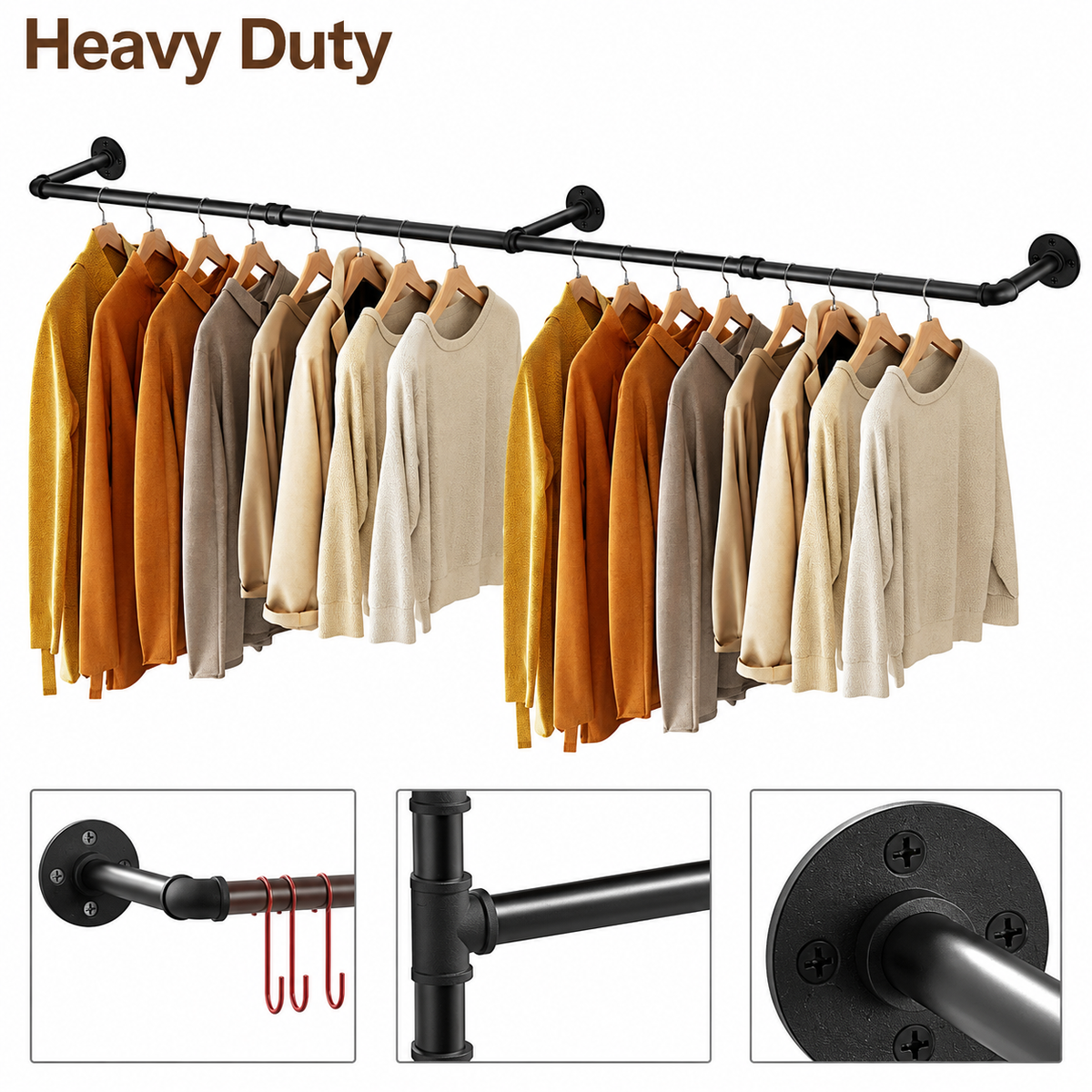 Black industrial pipe clothes rack with sweaters on hangers and close-ups of the red S-hooks, pipe joint and wall flange