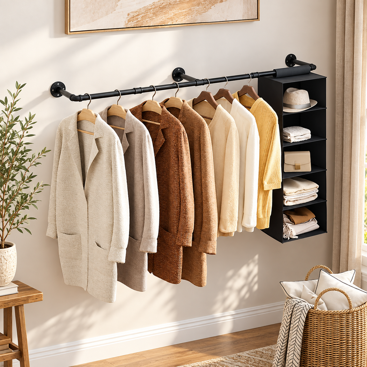 Black wall mounted pipe clothes rack with coats and sweaters on hangers and a hanging fabric shelf organizer at one end