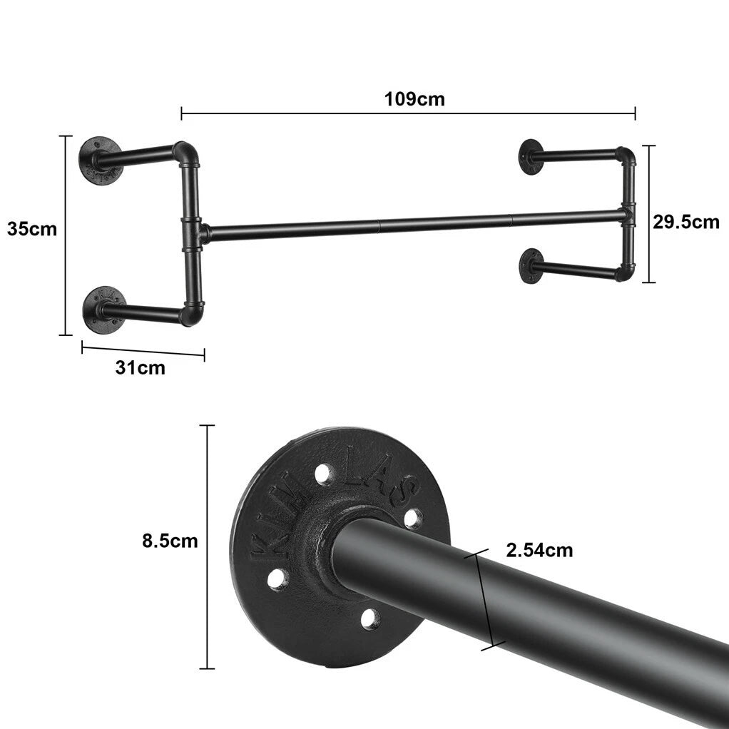 Black industrial pipe wall mounted clothes rack dimensions diagram with a wall flange and pipe diameter close-up