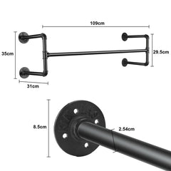 Black industrial pipe wall mounted clothes rack dimensions diagram with a wall flange and pipe diameter close-up