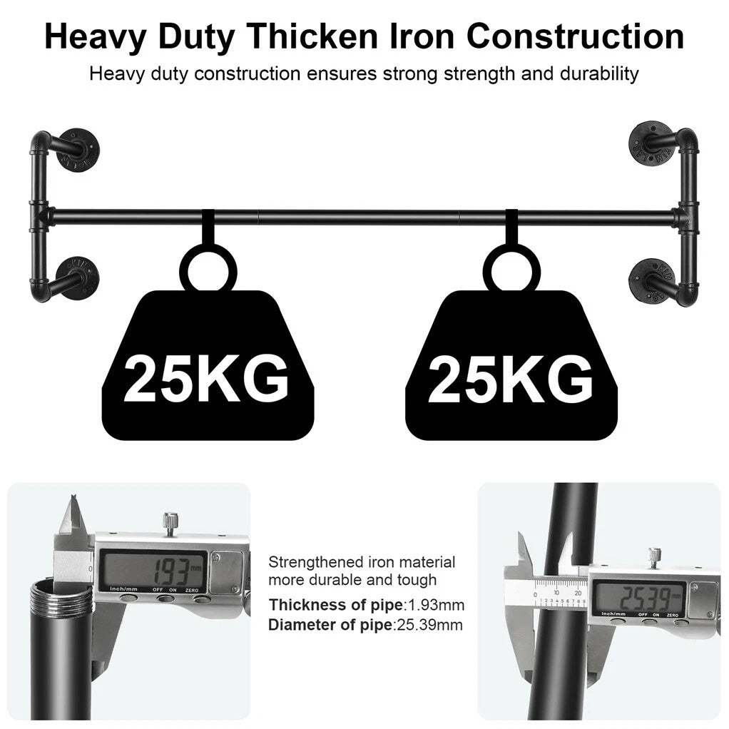 Black iron pipe clothes rack load capacity diagram with two weights on the rail and close-ups of the pipe thickness