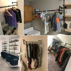 Collage of black pipe clothes racks installed in a laundry room, bedroom, closet and shop with wooden shelves