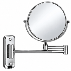 Round wall mounted makeup mirror with a chrome frame, extendable arm and wall plate on a white background