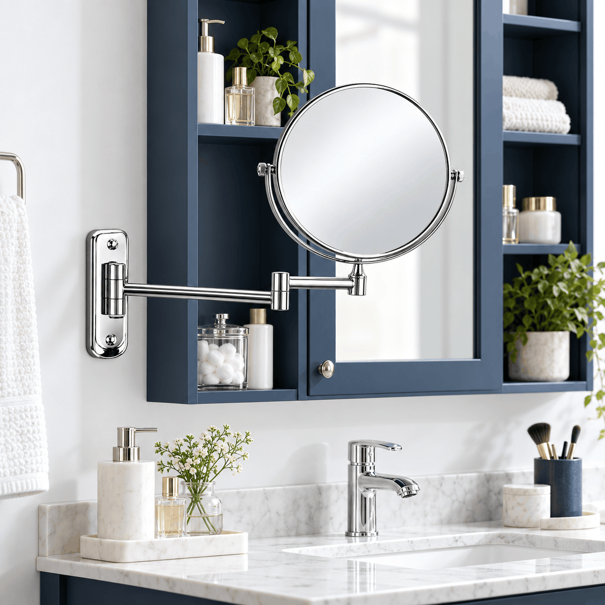Wall mounted makeup mirror with extendable arm beside a blue bathroom cabinet above a marble vanity and chrome tap