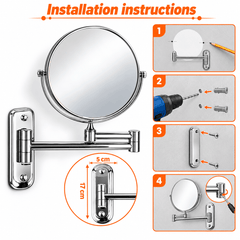 Four step installation guide showing marking the wall, drilling, fixing the wall plate and attaching the mirror