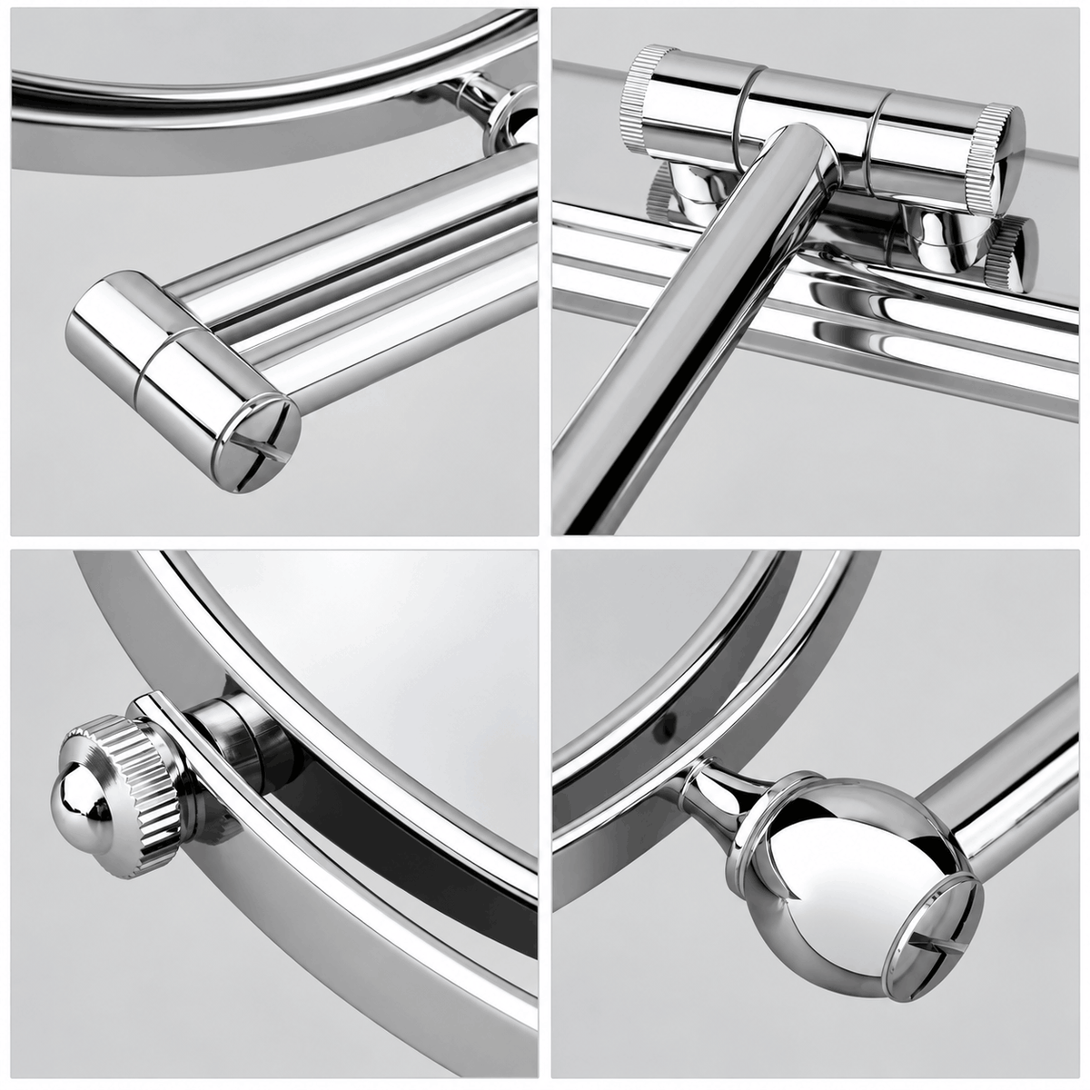 Four close up views of the chrome joints, arm ends and side knobs of a wall mounted makeup mirror