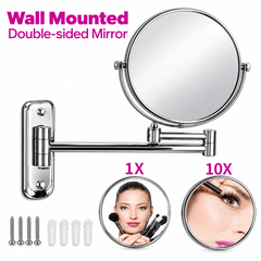 Wall mounted double sided mirror with a standard view and a magnified view, plus screws and plugs below