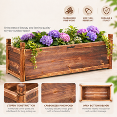 Wooden planter box with hydrangeas plus close-ups of the corner post, wood grain and open bottom