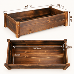 Wooden planter box size diagram: 65cm long, 33cm wide, 16cm high, inside 60.5cm by 29cm and 10.5cm deep