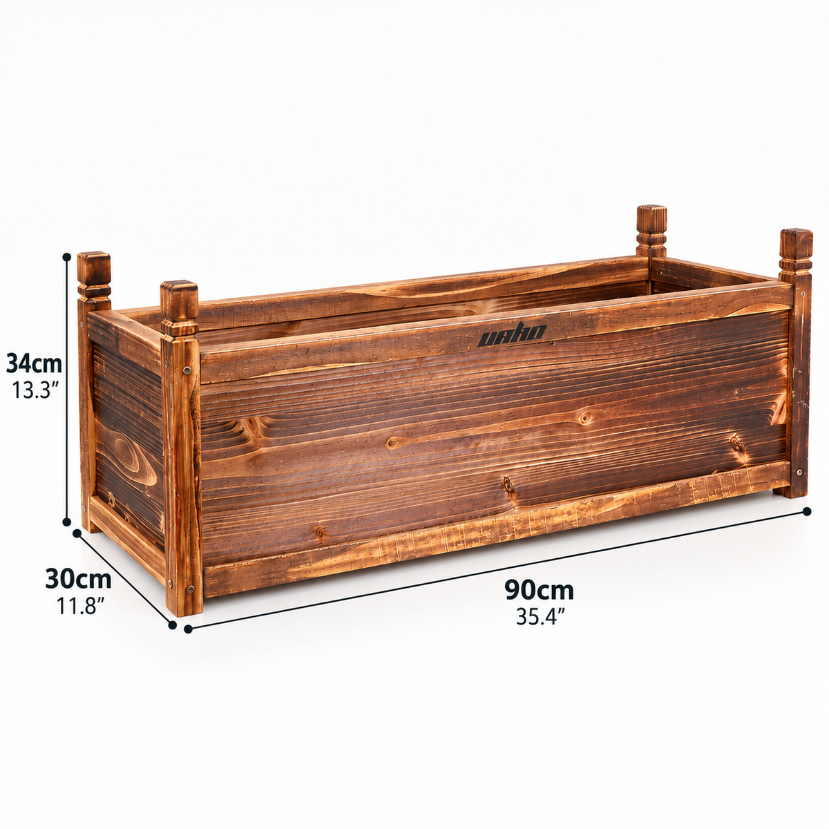 Wooden planter box size diagram: 90cm long, 30cm wide and 34cm high